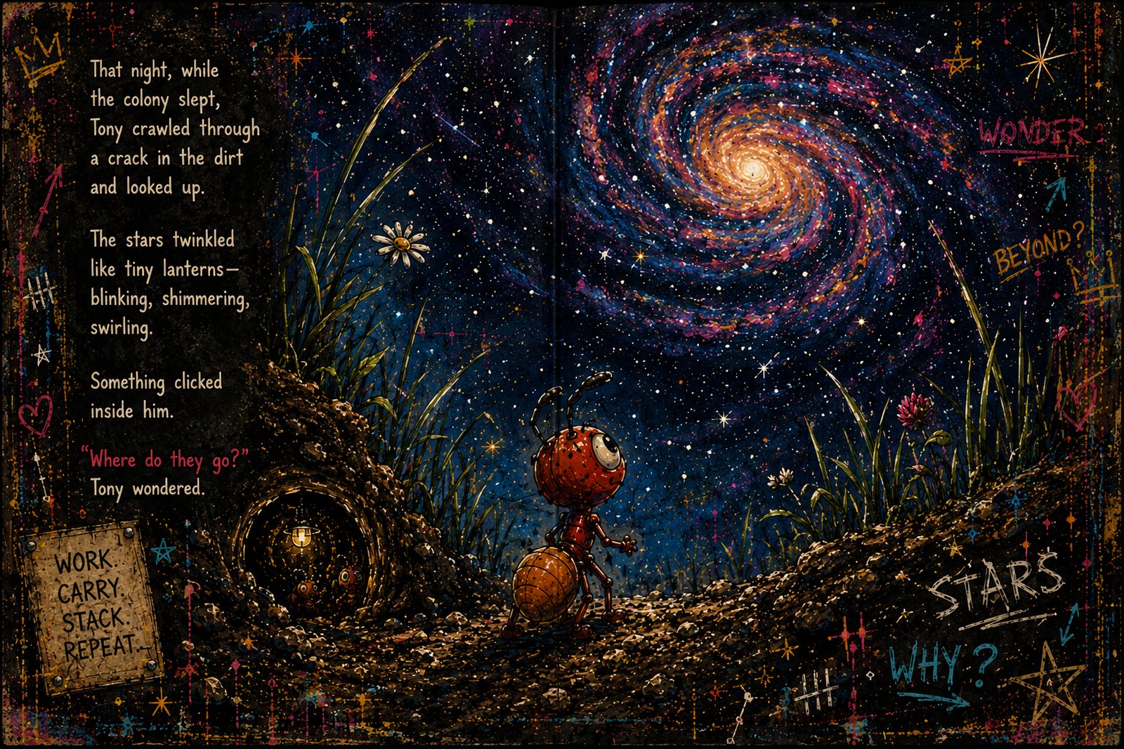 Tony the ant looking up at a spiral galaxy through a crack in the dirt